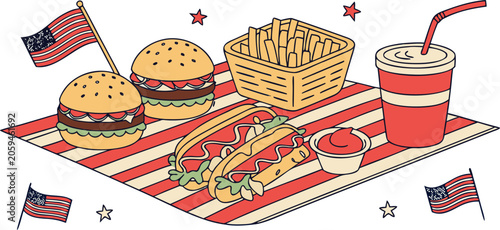 American fast food picnic meal with burgers and fries