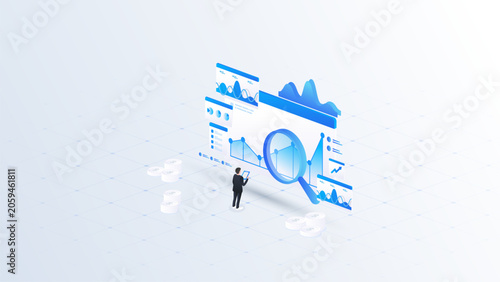 Quadro su tela Isometric stock market data analyzing with magnifying glass, business analyzing