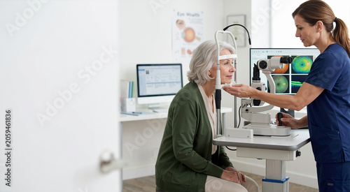 Senior female patient undergoing optical coherence tomography scan. Advanced retinal imaging for macular degeneration monitoring in eye clinic