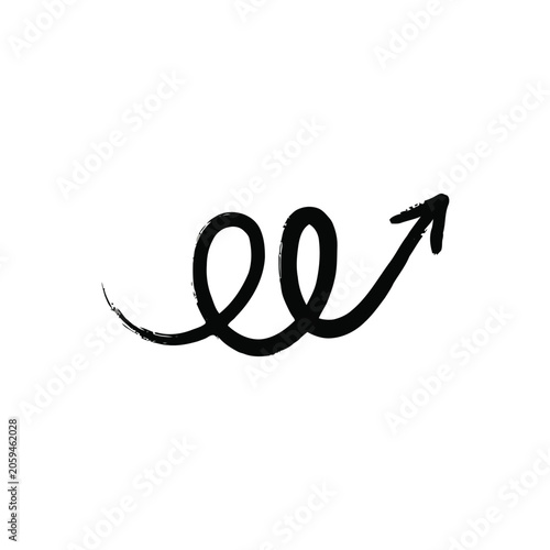 Hand drawn black ink arrow with a double spiral tail pointing towards the upper right corner on a clean white background, for use