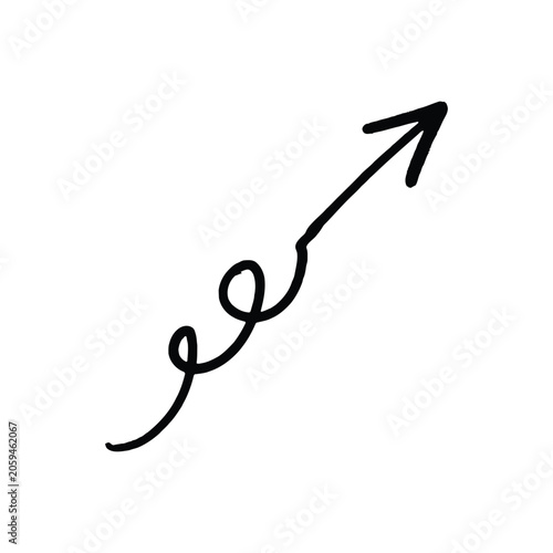Hand drawn black ink arrow with a spiral tail pointing towards the upper right corner on a clean white background, for business growth