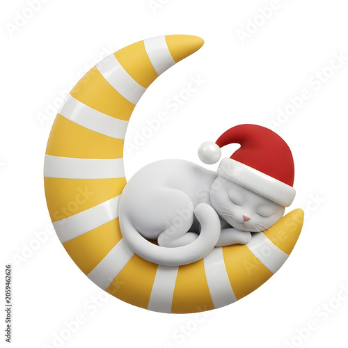 Cartoon Cat Sleeping on Crescent Moon with Santa Hat