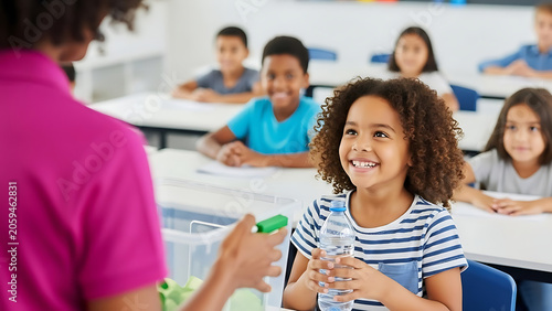 Happy Kids Learning in Classroom Teacher Interacting with Students.