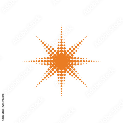 Orange halftone starburst made of dots isolated on a white background, for decorative