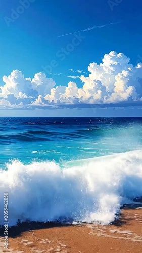 A bright blue ocean wave crashes onto a sandy beach shore