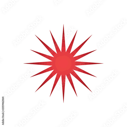 Red starburst or sunburst shape with many sharp pointed rays radiating from a circular center on a clean white background, for use