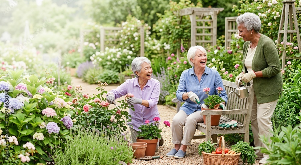 Fototapeta premium Diverse senior women gardening together in backyard. Happy elderly female friends planting flowers and laughing in garden. Active retirement concept