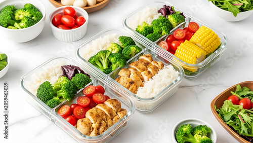 Healthy Meal Prep Containers Chicken Rice Broccoli Tomatoes Corn.