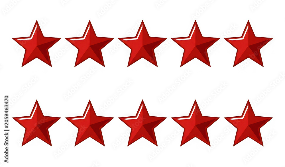 Fototapeta premium Ten red glossy stars in two rows, 3d rating star icons isolated on transparent background