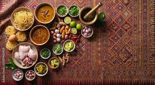 Flat lay of Khao Soi ingredients on Lanna silk