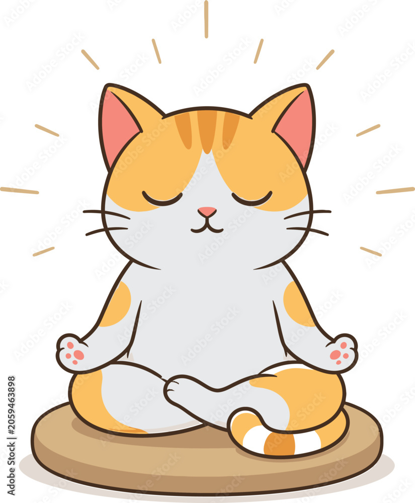 Obraz premium Meditating Cat Cartoon Illustration, Cute Zen Kitty and Mindfulness Concept