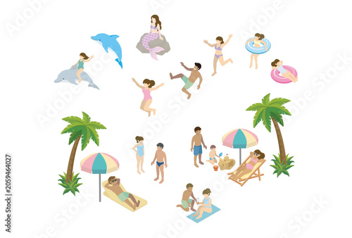 Isometric summer beach leisure illustration set with people in swimsuits and items