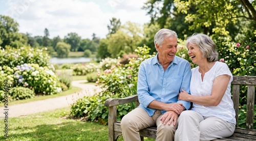 Happy senior couple sitting on a wooden bench in a lush garden. Elderly man and woman laughing outdoors
