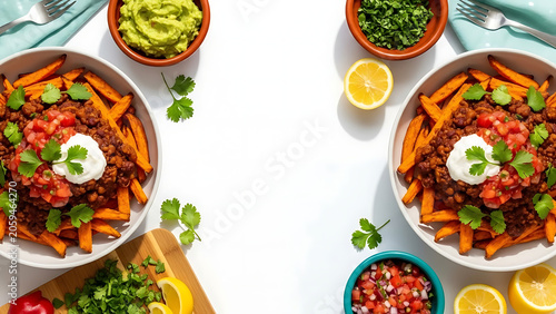 Loaded Sweet Potato Fries with Ground Beef Guacamole Salsa Sour Cream.