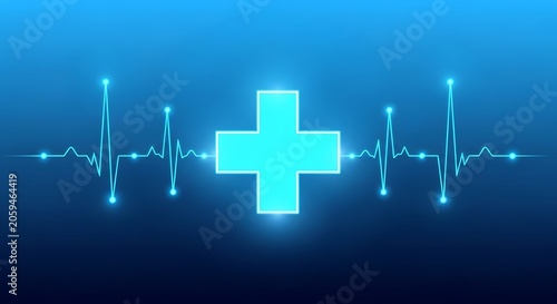 Glowing blue medical cross with ekg heartbeat pulse line on abstract background
