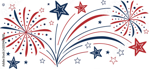 Red and blue hand drawn fireworks and stars illustration