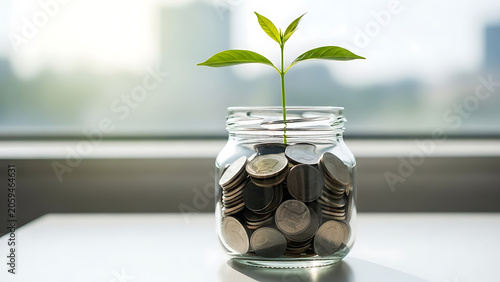 Money Growing Plant in Jar Financial Growth Investment Savings Business Concept.