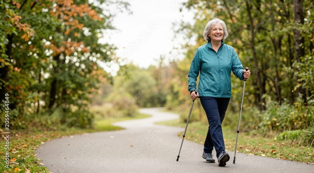 Obraz premium Senior woman doing Nordic walking in the park. Active elderly woman exercising with poles