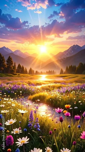 A vibrant meadow of wildflowers glows under a golden sunrise