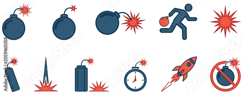 Canvastavla Bomb Explosion Danger Icon Set, Warning Symbols Featuring Dynamite with Fuse, Ti
