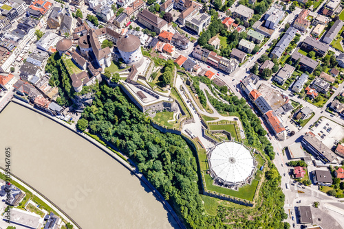 Bild auf Leinwand Top-down aerial view of Festung Kufstein medieval fortress complex with bastions
