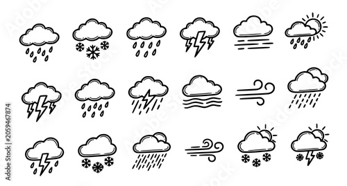 Foto Weather icons set with rain snow lightning wind and sun symbols
