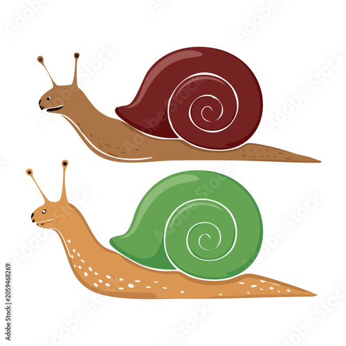 Two cartoon snails with colorful shells
