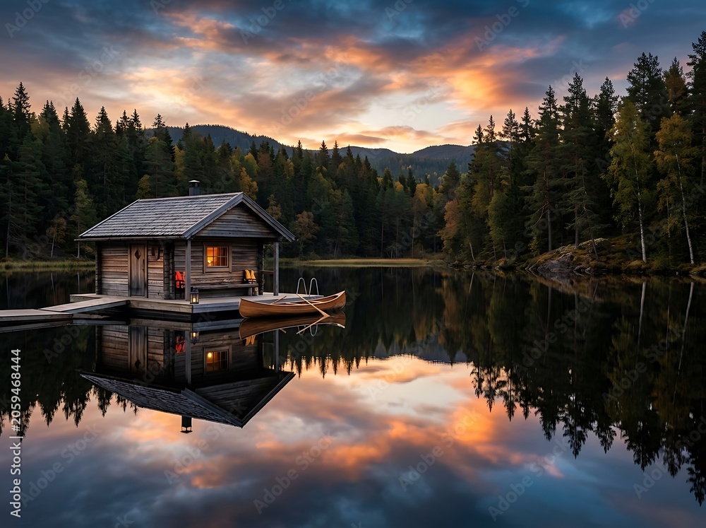 Obraz premium Serene wooden boathouse and canoe on a calm lake at sunset with reflection