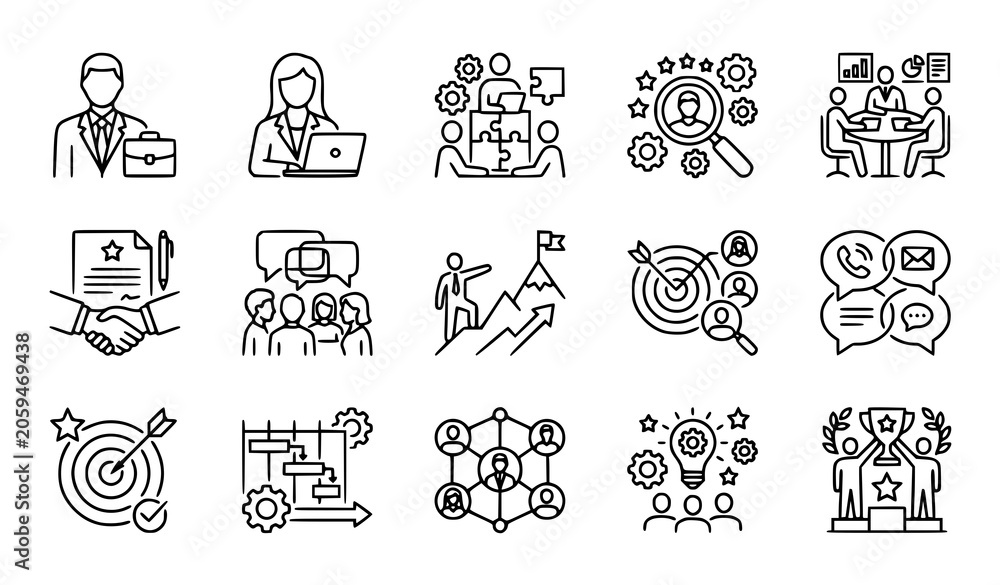 Fototapeta premium Teamwork and Human Resources Line Icon Set Business Vector Collection