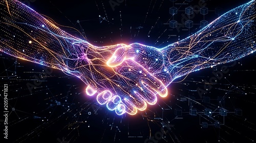 Digital hands connecting through glowing network nodes. Cybernetic fingers touching. Virtual mesh lines linking.
