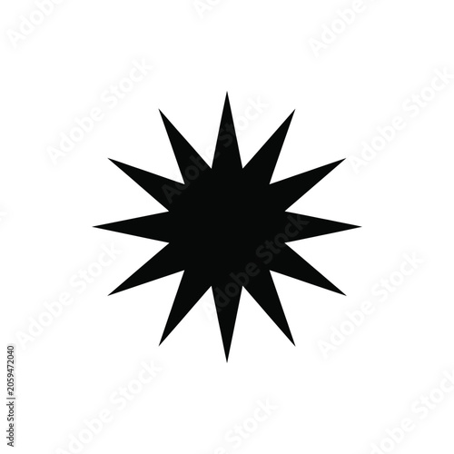 A black twelve pointed star shape, a sharp geometric or symbol isolated on a white background, flat points
