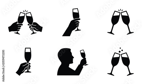Canvastavla Champagne Toast Icons, Celebration Clinking Glasses, Cheers Vector Set, Party Dr