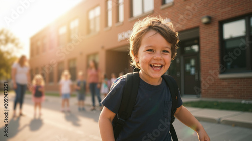 A happy young boy wearing a backpack laughs joyfully in front of an elementary school building during a sunny morning, capturing the excitement of the first day of class.