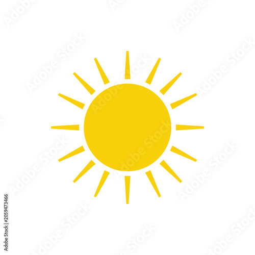 A bright yellow sun with straight rays isolated on a white background, simple flat for weather or summer theme
