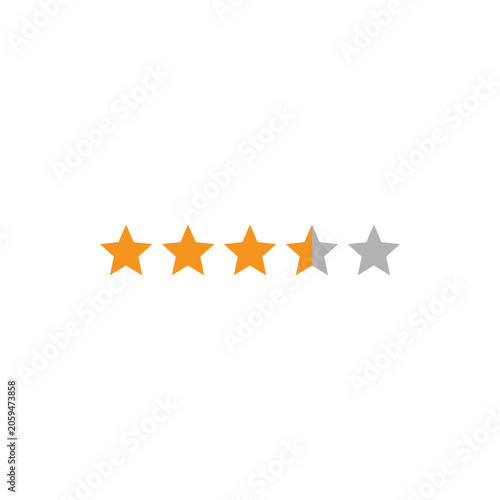 A five star rating with three full orange stars and one half-filled star, isolated on a white background, for feedback or reviews