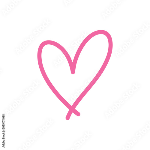 A hand-drawn pink heart outline, isolated on a white background, representing love, romance, affection, and positive emotions