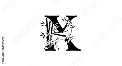 Illustrated letter X with deer and bamboo design.