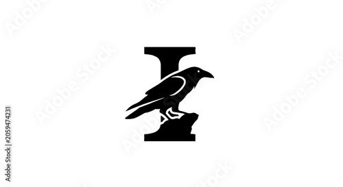 Black raven perched on stylized letter I.
