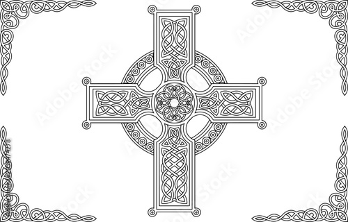 Celtic cross with intricate knotwork patterns and decorative border