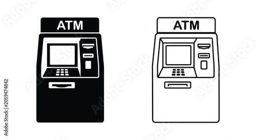Two atm machine silhouettes black and white vector illustration with signage details silhouette automated teller