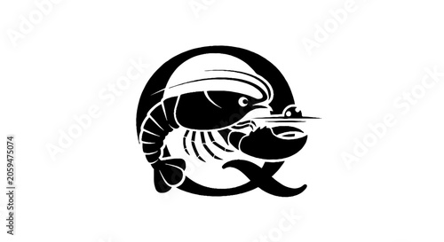 Stylized Black and White Shrimp Logo Design.