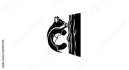 Black and white squirrel climbing tree illustration.