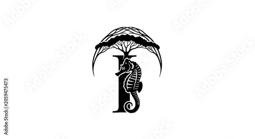 Seahorse under stylized umbrella illustration.