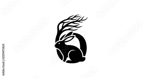 Black silhouette of rabbit with antler like branches.