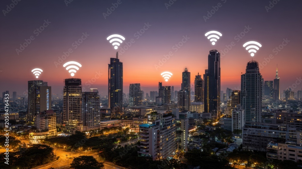 Fototapeta premium Urban skyline at dusk with digital connectivity icons symbolizing wireless internet access in a modern city environment