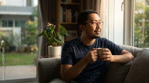 Smiling young man wearing glasses sits comfortably on a soft couch while holding a warm ceramic mug of coffee and looking thoughtfully out of a large window during the afternoon.
