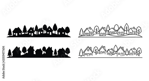 Foto Townscape With Houses And Trees Black And White Linear Silhouette cityscape vill