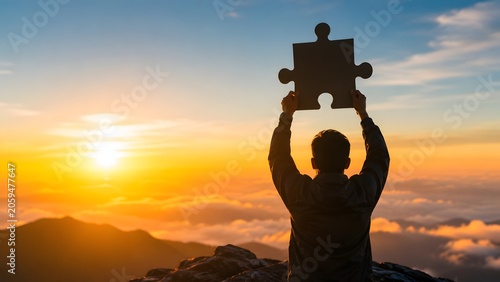 Strategic completeness concept with person holding puzzle piece at sunrise representing the missing link and goal achievement.