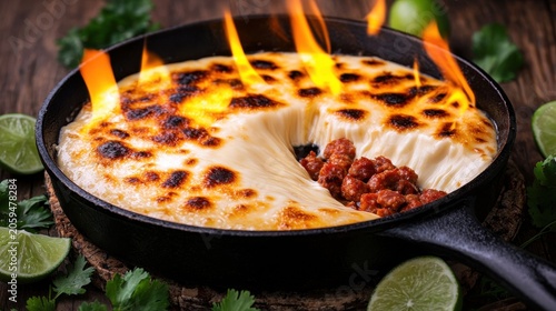 Premium queso flameado with dramatic flames in cast iron skillet featuring golden-brown melted cheese with chorizo pieces and stretchy cheese pulls