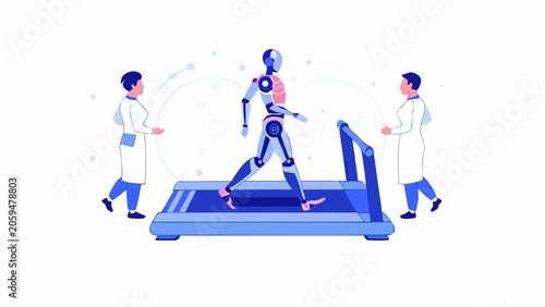 Robot running on treadmill, lab test, futuristic technology, humanoid machine